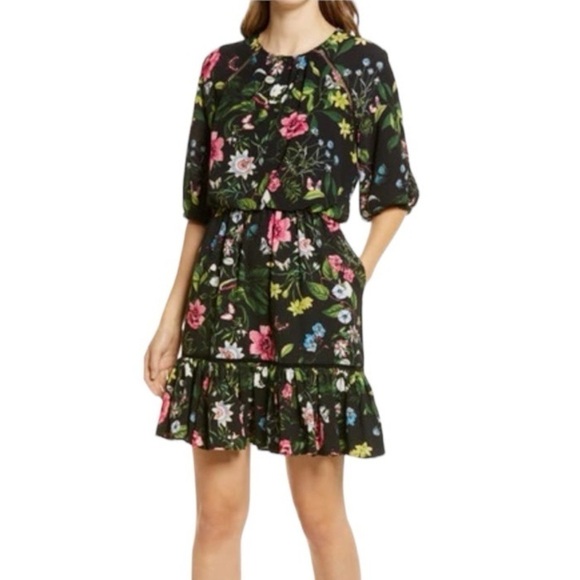 Eliza J Black Floral Print Mini Dress Size 14 - Picture 1 of 14
